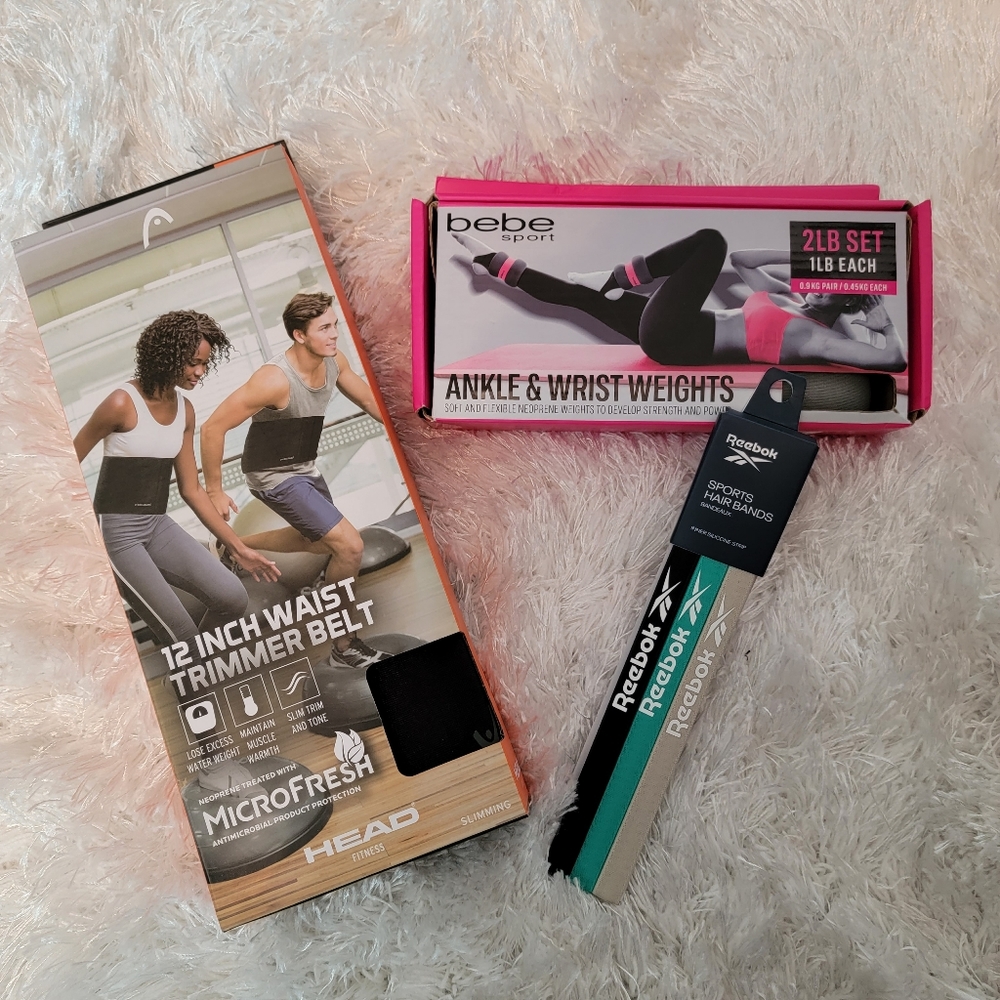 Women's Workout PKG ~ 12 inch waist belt, ankle & wrist weights, Reebok hair bds